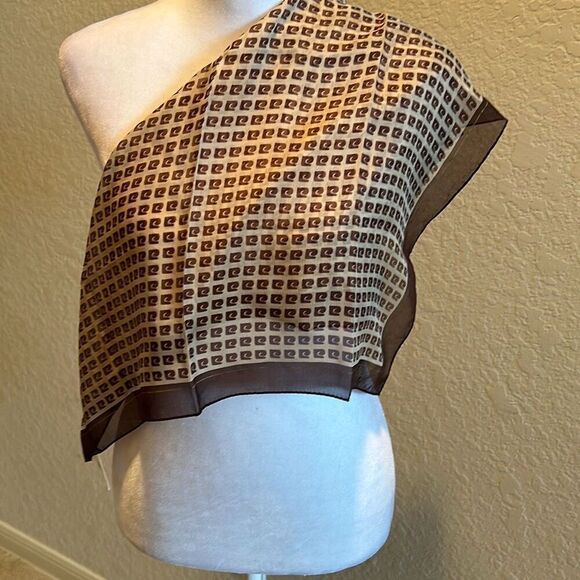 Vintage Pierre Cardin 100% Silk Square Scarf Brown Tan Logo Print Luxury Neutral - Picture 6 of 9
